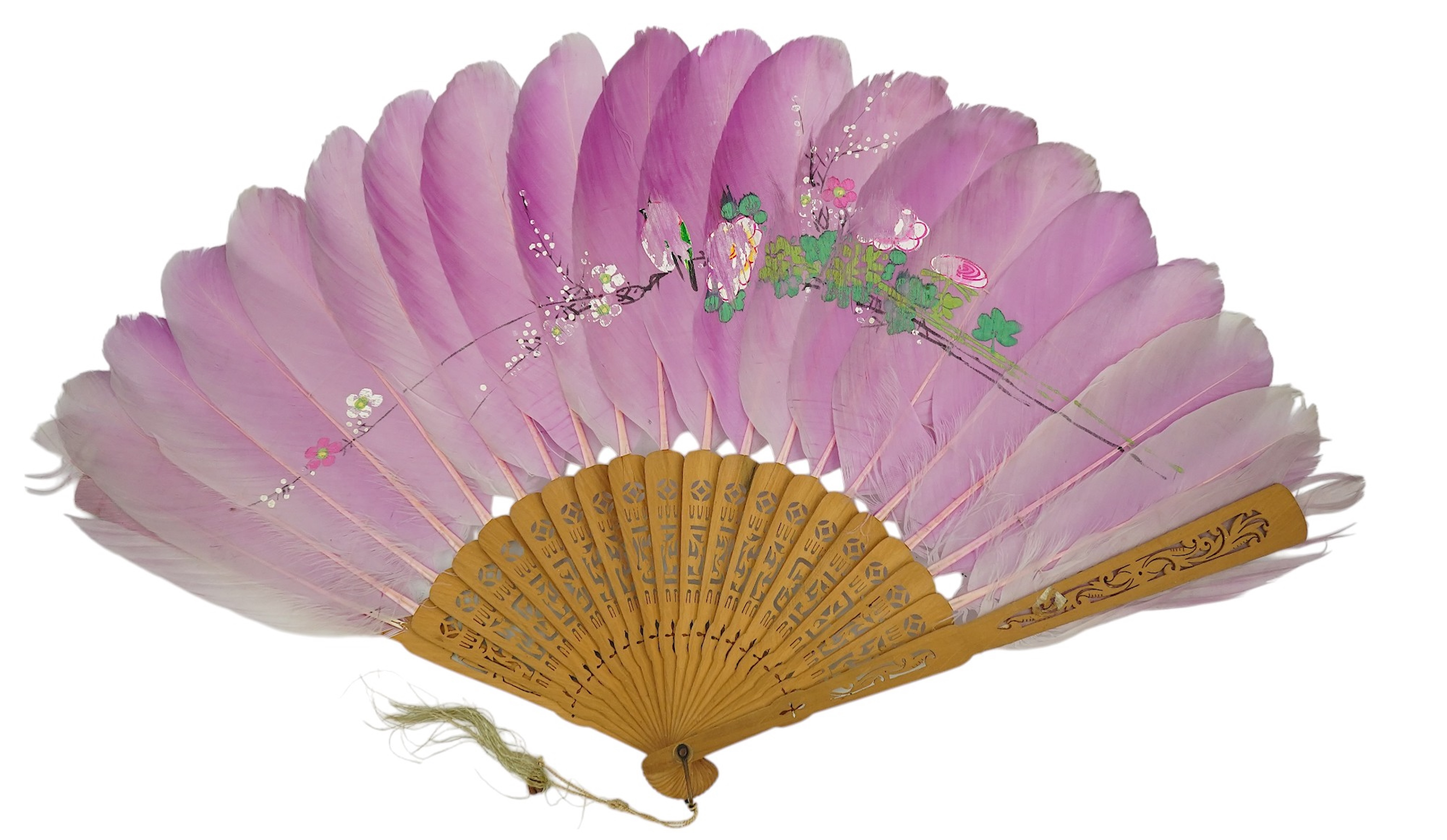 Three 19th century Chinese feather fans: One a carved bone brise black feather fan together with two similar carved sandalwood feather fans, two fans have hand painted decoration on the feathers both sides, the pink feat